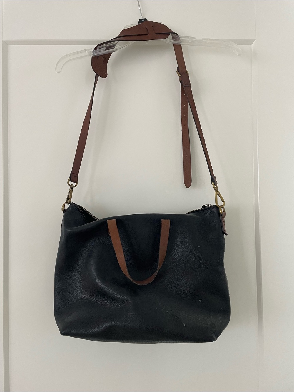 Madewell Black Leather Shoulder Bag with Brown Trim